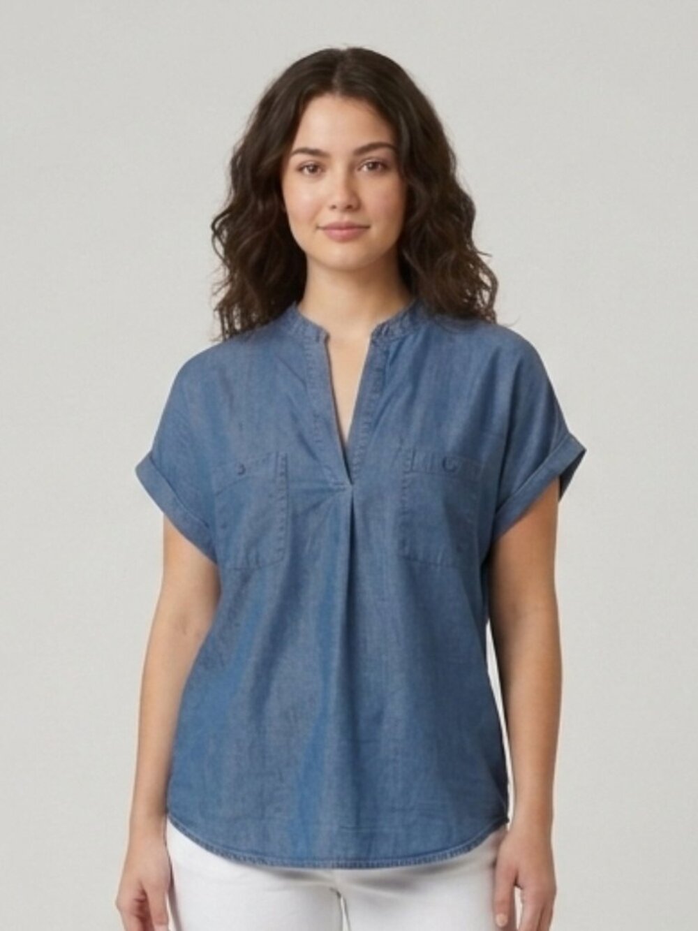 Batia Denim Chambray Split-Neck Short Sleeve Blouse Top Large